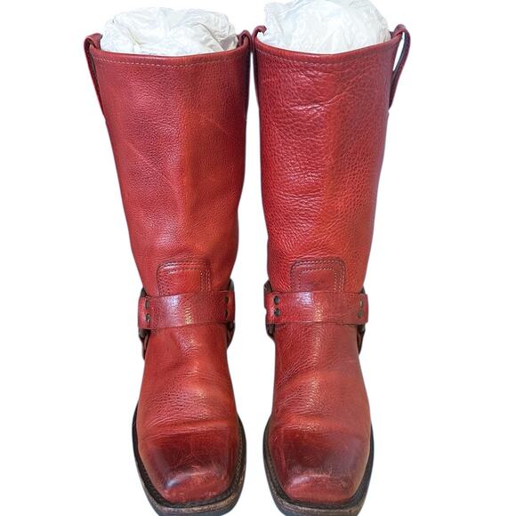 Frye Vintage Red Leather Square Toe Harness Boots Size 8 - Picture 4 of 12